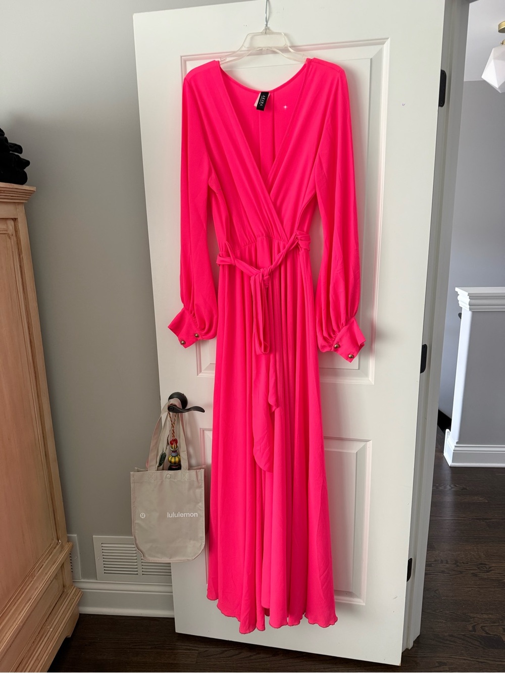 Bright Pink Long Sleeve Wrap Maxi Dress